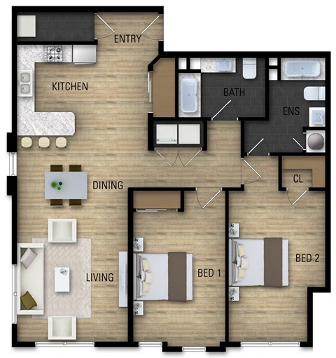 Floor plan for 2 beds, 2 baths, 1169 sqft